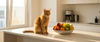 Ginger cat sitting on kitchen counter next to fruit bowl, sunlit modern interior, domestic pet lifestyle scene for home decor and animal content.