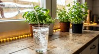 Fresh green herbs growing in glass containers on wooden kitchen windowsill with warm LED lighting creating cozy indoor gardening atmosphere.