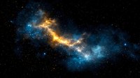 Cosmic nebula with vibrant blue and golden light streams against dark starry space background, glowing gas clouds forming ethereal celestial formation in deep universe.