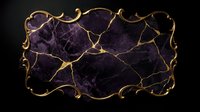 Purple marble texture with elegant gold kintsugi cracks and ornate decorative border frame on dark background for luxury design projects.