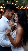 Young Hispanic couple dancing at wedding reception, bride in lace dress and groom in white shirt, romantic moment with string lights bokeh background.