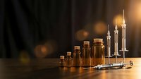 Vintage amber glass bottles with cork stoppers arranged beside burning candles in ornate holders creating warm atmospheric lighting for apothecary themes.