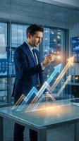 Businessman in dark suit analyzing glowing upward trending arrow chart on digital table in modern office with city skyline, representing financial growth, investment success, and business analytics.