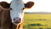 Young brown and white dairy cow portrait in golden sunlight on green pasture field during sunset for agriculture and farming concepts.