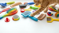 Ginger tabby cat paw reaching toward colorful grooming tools including brushes, combs, and nail clippers on white surface. Pet care and grooming supplies.