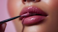 Close-up of plump glossy lips being painted with lip brush showing professional makeup application technique against soft pink background. Perfect for beauty and cosmetics marketing.