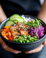 Fresh salmon poke bowl with glazed fish, purple cabbage, edamame, cucumber, carrots and sesame seeds served in black ceramic bowl. Asian cuisine.