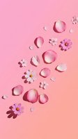 Pink rose petals and cosmos flowers scattered on soft pink gradient background for romantic spring design projects.