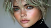 Young woman with mint green hair, freckles and natural makeup in close up portrait against neutral background. Soft studio lighting highlights facial features.