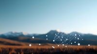 Digital network nodes floating over autumn mountain landscape at dusk, connecting dots and lines illustrate wireless technology and connectivity in nature setting.
