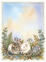 Watercolor mice family with botanical border frame on pastel gradient background for greeting cards and nursery decor.