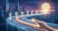 Futuristic cityscape with glowing digital highway and innovation icons leading to bright target symbol representing business success and technology advancement.