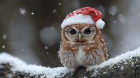 Brown owl wearing red Santa hat perched on snowy branch during winter snowfall, creating magical holiday atmosphere with bokeh snow effect in background.