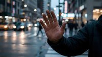 Middle-aged male with medium skin tone raising hand in stop gesture on wet urban street at dusk, wearing dark jacket, with blurred city lights and pedestrians in background.