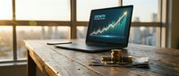 Laptop displaying upward trending growth chart on wooden desk with golden decorative objects, sunlit office window background, business analytics and financial success concept.