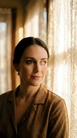 Professional brunette woman in brown blazer smiling confidently by window with warm natural lighting in elegant interior setting for business content.