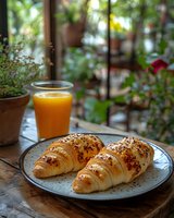 Fresh croissants with sesame seeds and orange juice breakfast on wooden table with garden view background for morning meal and bakery concepts.