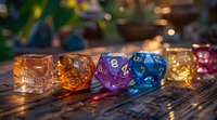 Colorful translucent gaming dice with glowing numbers arranged in row on wooden surface with bokeh lights background, fantasy tabletop gaming concept.