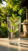 Refreshing sparkling water with fresh mint leaves in clear glass on wooden table outdoors during golden hour summer evening for beverage and lifestyle concepts.