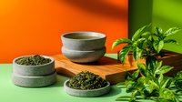 Fresh green tea leaves and dried loose tea on concrete plates with ceramic bowl on wooden board against vibrant orange and green background. Modern tea ceremony concept.