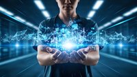 Young professional woman holding glowing digital network connections and data visualization in futuristic technology environment for business innovation.