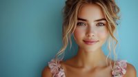 Young woman with blonde wavy hair and natural makeup smiling warmly against turquoise wall background, wearing pink floral dress. Soft daylight illuminates gentle features.