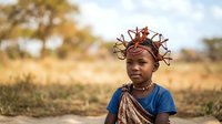 Young African girl wearing traditional braided hairstyle with decorative ornaments and blue shirt, standing in rural savanna landscape during daytime for cultural and editorial use.