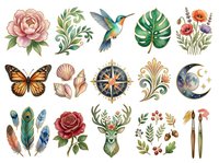 Botanical and wildlife elements collection featuring vintage-style illustrations of flowers, hummingbird, butterfly, deer, feathers, compass, moon, and decorative foliage. Isolated clipart set ready for design projects.