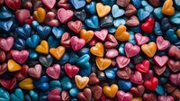 Colorful heart-shaped candies in red, pink, blue, orange and yellow scattered on dark background. Ideal for Valentine's Day, love, romance, celebration and confectionery designs.
