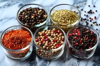 Aromatic peppercorns and spices in glass bowls on marble surface, including red chili flakes, mixed peppercorns, dried herbs and black pepper for cooking.