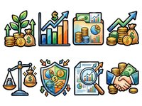 Isolated financial growth icons with coins, charts, and business symbols on transparent background, suitable for web design, infographics, and marketing materials.