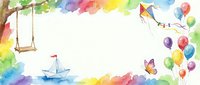 Watercolor frame with swing, sailboat, kite, balloons and butterfly on white background. Colorful border for children designs, invitations and greeting cards.