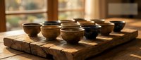 Handcrafted ceramic bowls arranged on rustic wooden board in warm sunlight. Artisan pottery collection for kitchen decor and dining presentation.