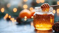 Golden honey dripping from dipper into glass jar with festive bokeh lights and pine cones in background, warm autumn mood on rustic wooden surface.