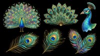 Colorful peacock clipart set with full display, feather fan, portrait, and individual feathers, isolated on transparent background, ready for stickers, sublimation, and t-shirt design.