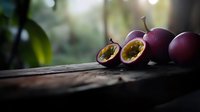 Fresh passion fruits cut in half showing juicy pulp and seeds on dark wooden surface with natural bokeh background and green leaves. Tropical food concept.
