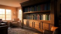 Elegant wooden built-in bookshelf with leather-bound books in warm traditional home library interior with comfortable armchair and natural window lighting.