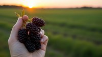 Fresh ripe blackberries held in open palm during golden hour sunset over green agricultural field showcasing organic summer harvest bounty.