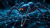 Digital spider on glowing network web with neon blue lighting effect, representing cyber security, digital threats and internet surveillance concept.