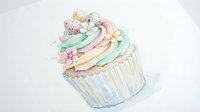 Watercolor cupcake with rainbow swirl frosting and colorful sprinkles on white background. Sweet dessert illustration for bakery designs and party decorations.