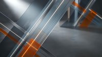 Modern abstract geometric composition with metallic silver beams and vibrant orange accents creating dynamic intersecting lines and architectural depth.