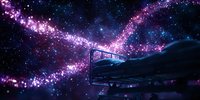 Magical night scene with train traveling through mountains under glowing purple milky way and starry sky, dreamy cosmic landscape with celestial lights.