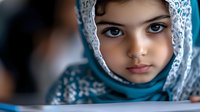 Young girl wearing traditional patterned hijab in turquoise and white colors gazes intently at camera with striking blue eyes, capturing cultural identity and innocence.