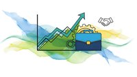 Business growth concept with upward arrow, briefcase, gears and handshake on colorful abstract background for corporate presentations and marketing.
