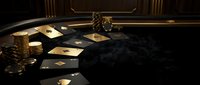 Luxury casino poker table with cards, chips and whiskey glass in dramatic golden lighting for gambling entertainment and high-stakes gaming atmosphere.