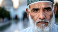 Middle Eastern senior man with white beard wearing traditional cap against blurred mosque background, close up portrait showing wisdom and spirituality.
