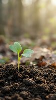 Young green seedling sprouting from rich dark soil in soft sunlight, symbolizing growth, new beginnings, and environmental sustainability.