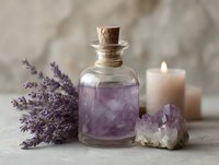 Lavender essential oil in vintage glass bottle with cork stopper alongside amethyst crystal and burning candles, creating serene spa atmosphere.
