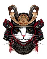 White cat face wearing traditional samurai helmet with ornate details and red armor plates, stylized in Japanese warrior fashion against white background.