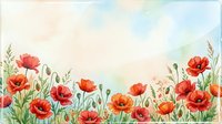 Watercolor poppy field border with red blooms and green stems on soft pastel background, copy space for greeting cards and posters.